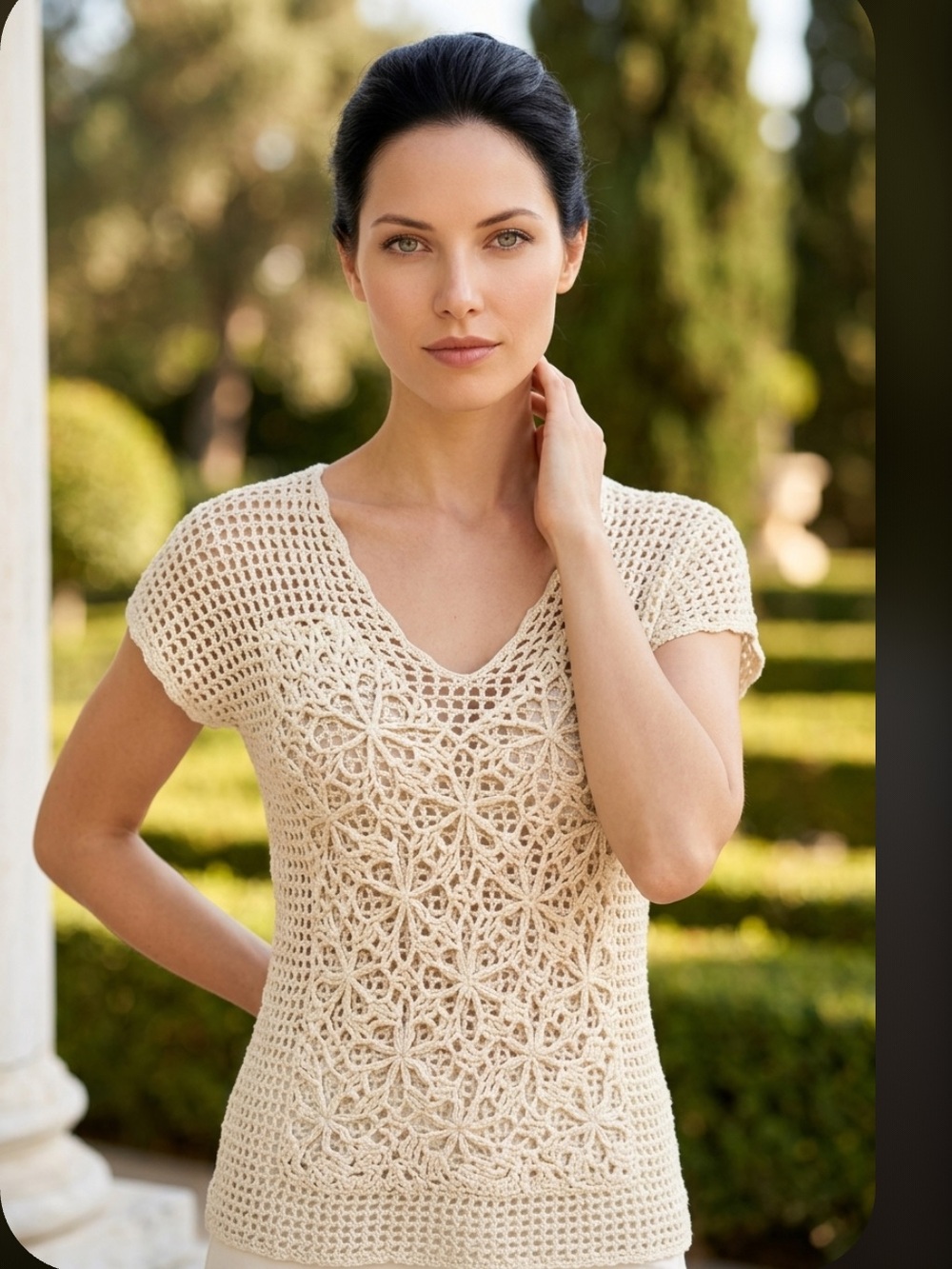 FIELD FLOWER Anthropologie Sweater Crocheted Short Sleeve Pullover Green Ivory